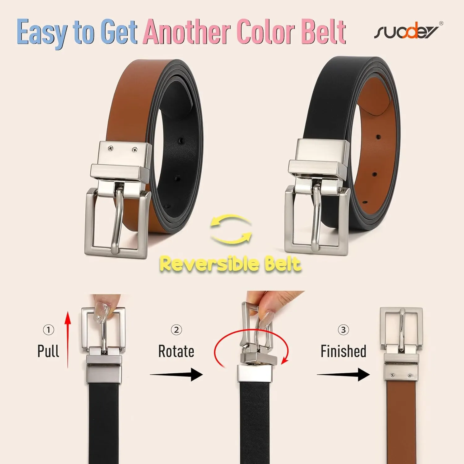 SUOSDEY Women Reversible Leather Belt with Rotating Pin Buckle for Jeans Pants Dresses, Fashion Ladies Waist Belt