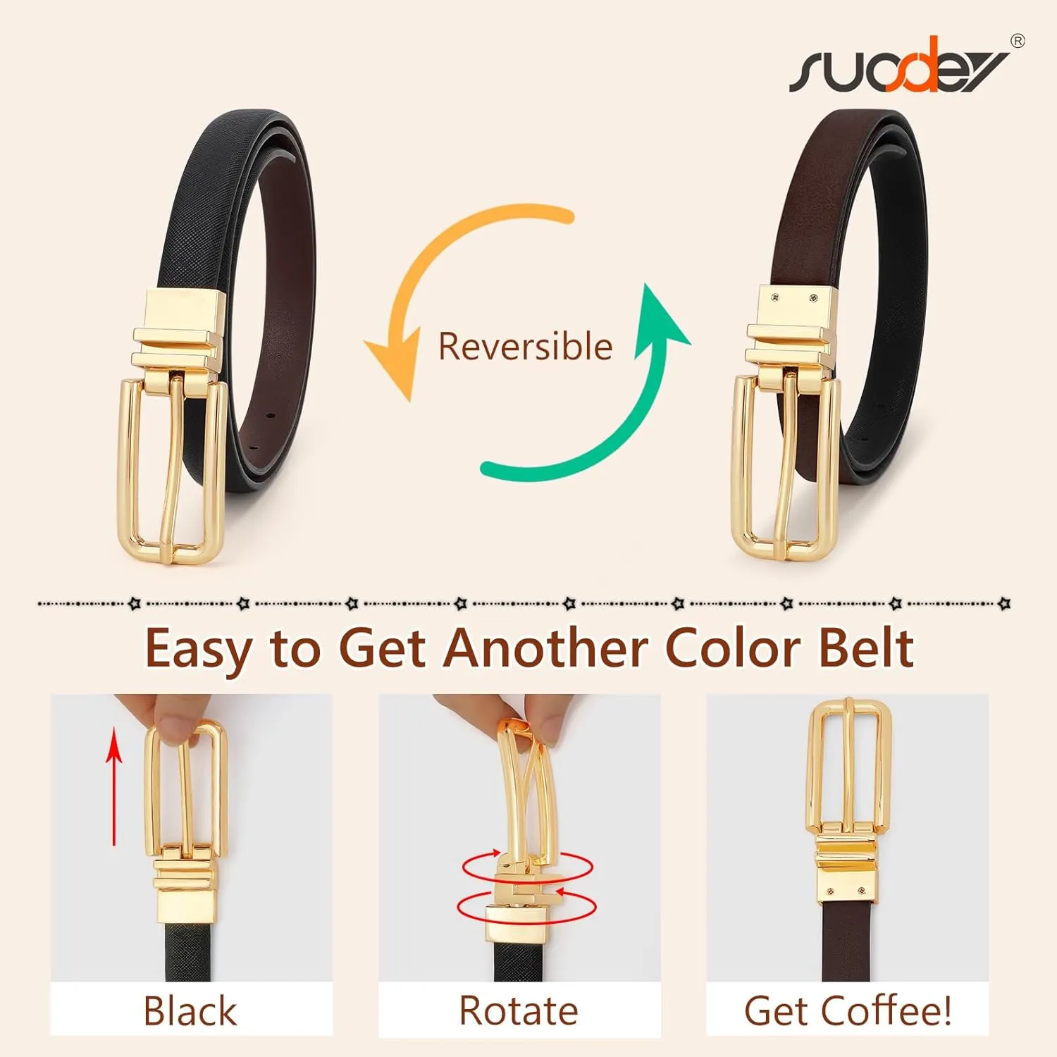 SUOSDEY Women Reversible Leather Belt with Rotating Pin Buckle for Jeans Pants Dresses, Fashion Ladies Waist Belt