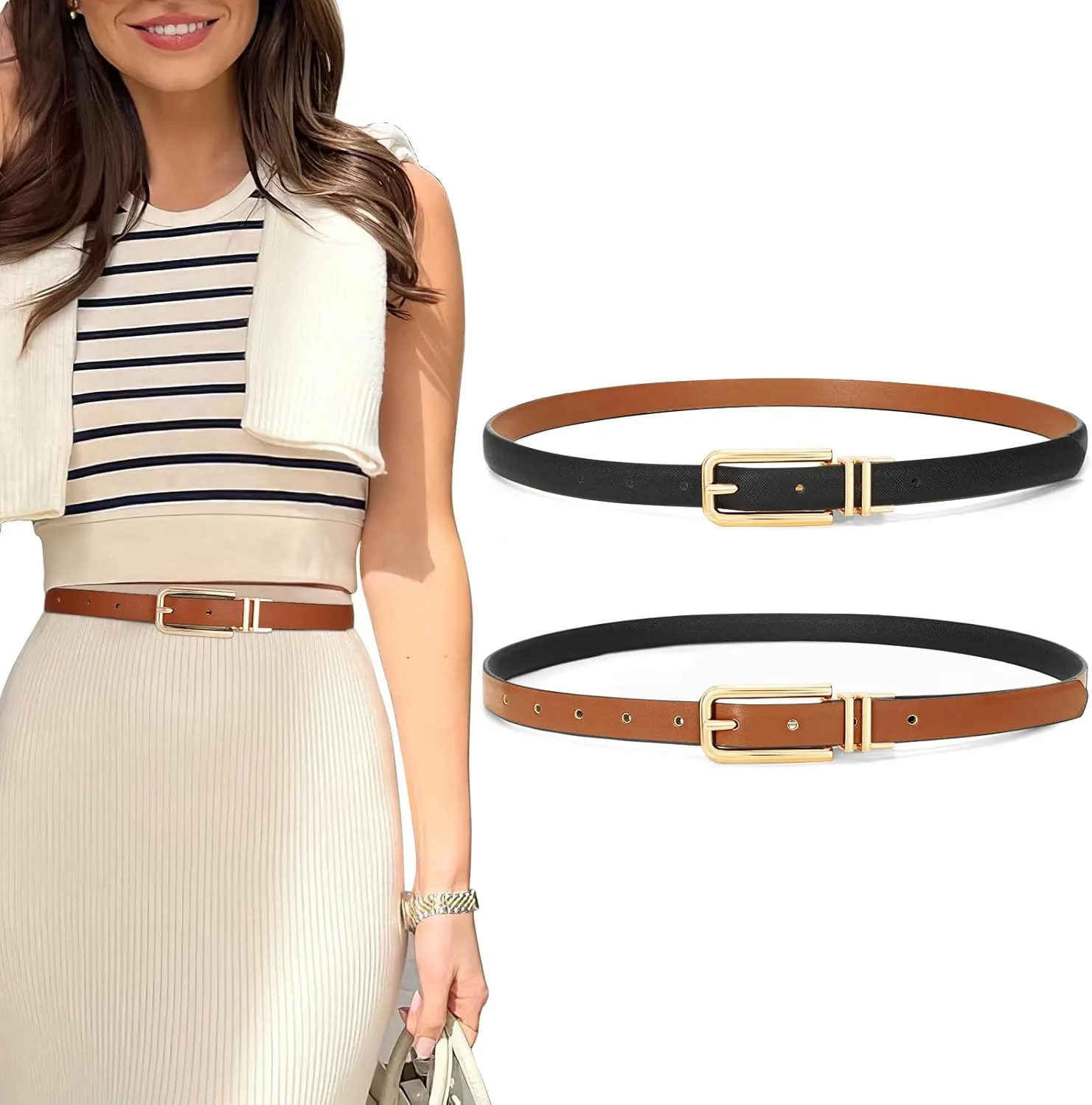SUOSDEY Women Reversible Leather Belt with Rotating Pin Buckle for Jeans Pants Dresses, Fashion Ladies Waist Belt