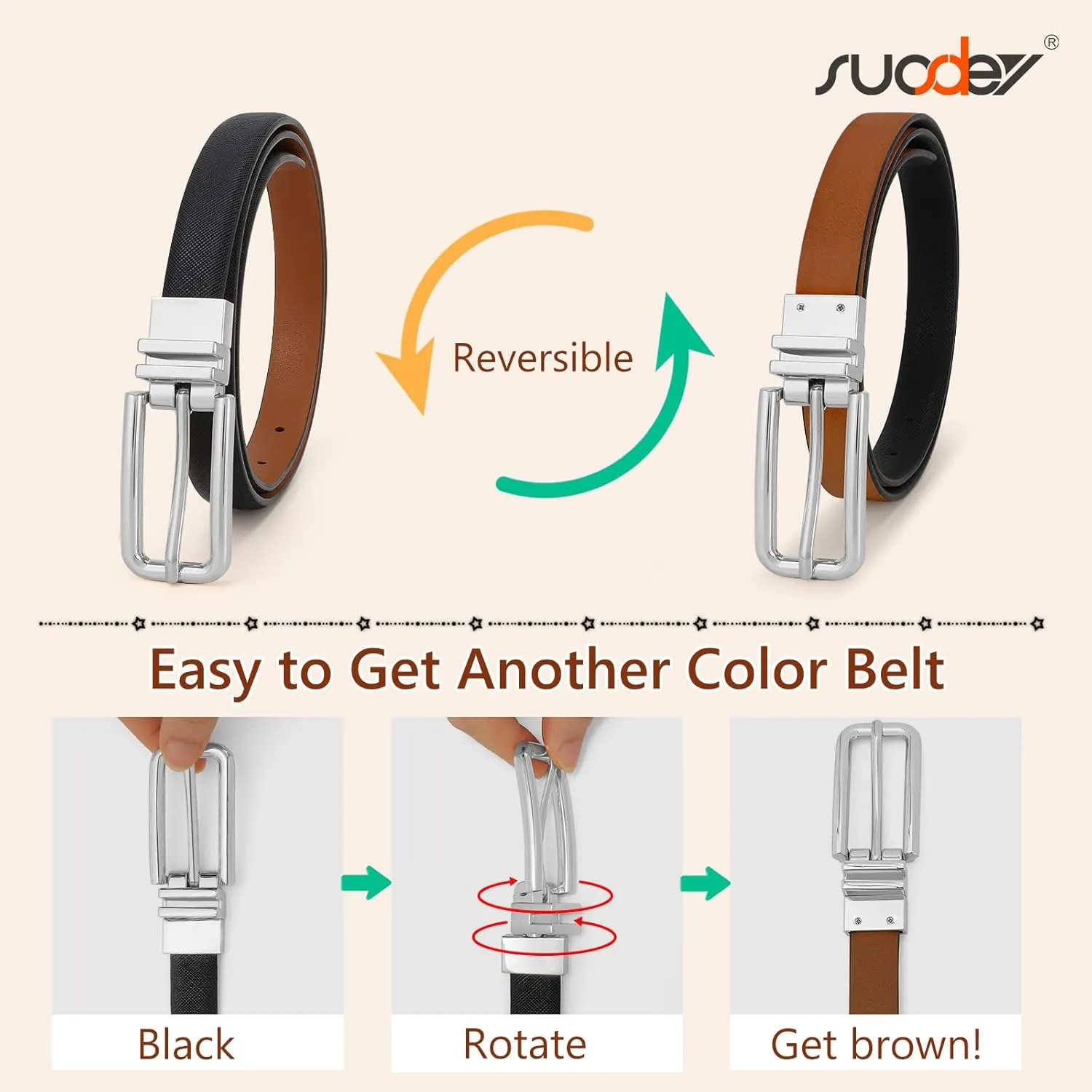 SUOSDEY Women Reversible Leather Belt with Rotating Pin Buckle for Jeans Pants Dresses, Fashion Ladies Waist Belt