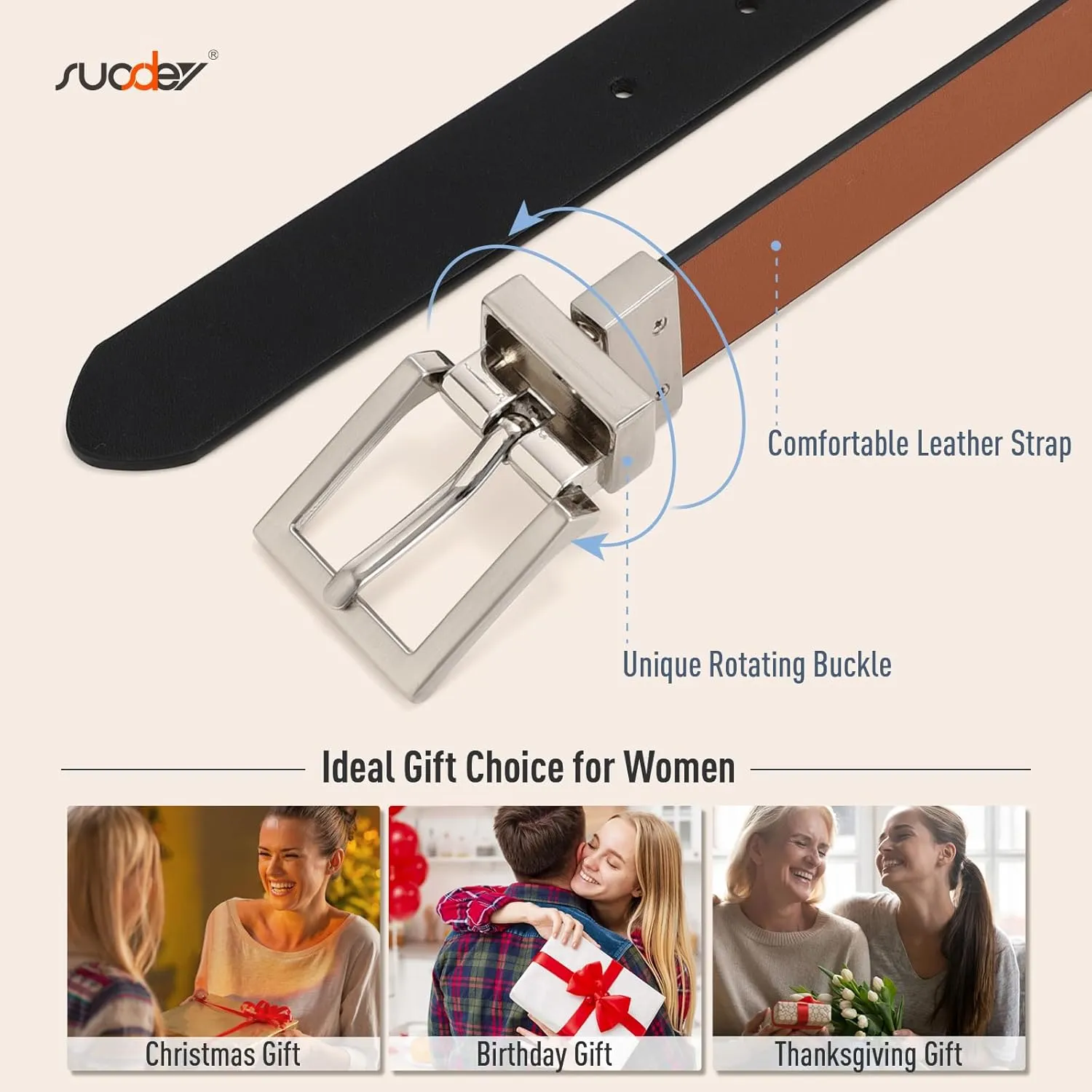 SUOSDEY Women Reversible Leather Belt with Rotating Pin Buckle for Jeans Pants Dresses, Fashion Ladies Waist Belt