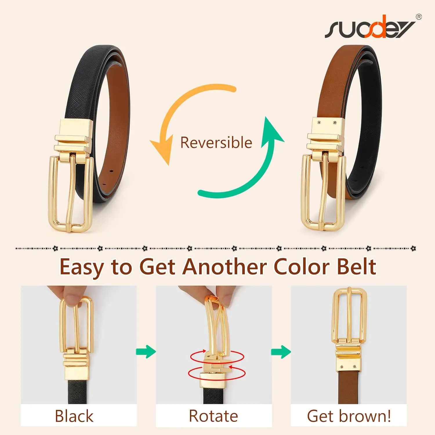 SUOSDEY Women Reversible Leather Belt with Rotating Pin Buckle for Jeans Pants Dresses, Fashion Ladies Waist Belt