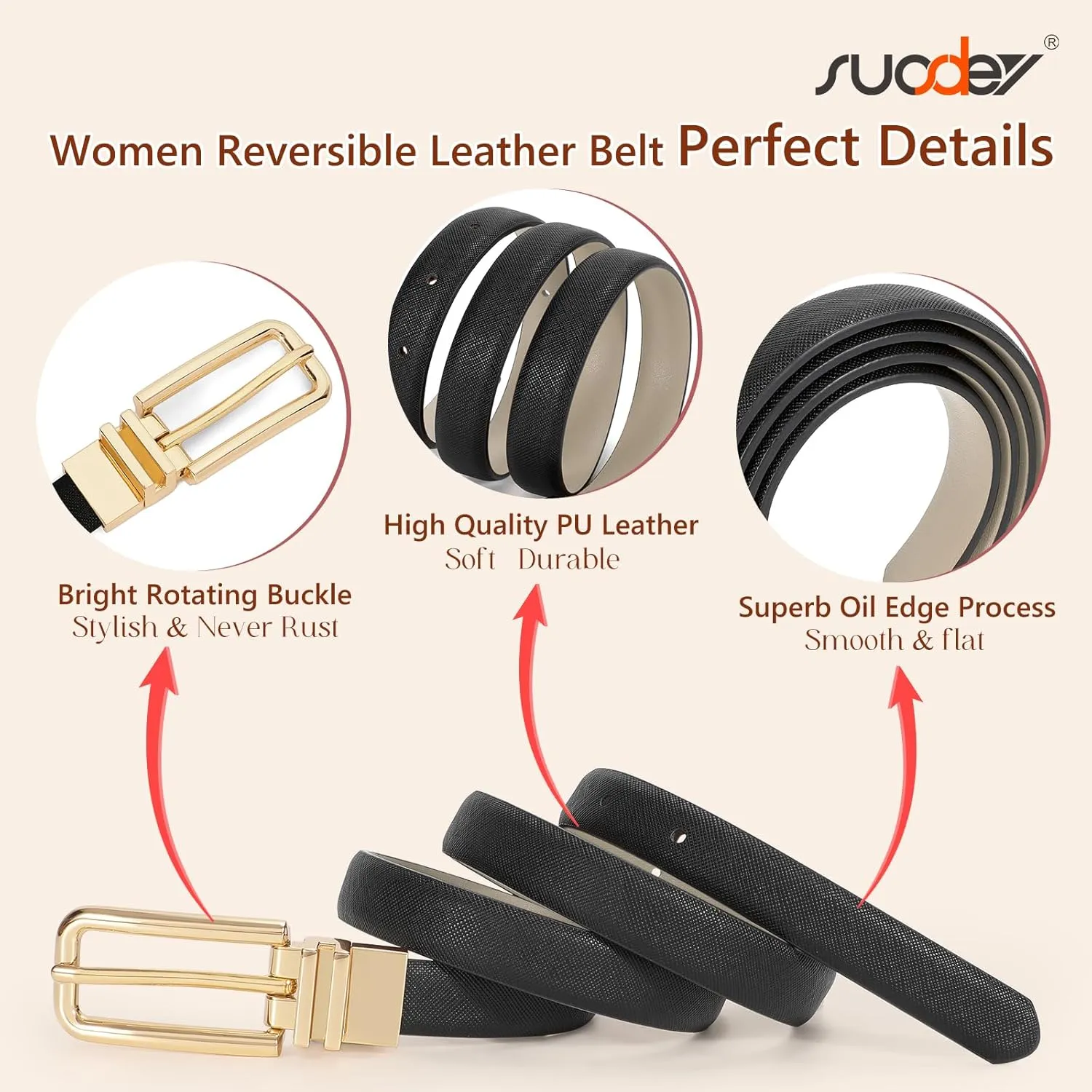 SUOSDEY Women Reversible Leather Belt with Rotating Pin Buckle for Jeans Pants Dresses, Fashion Ladies Waist Belt
