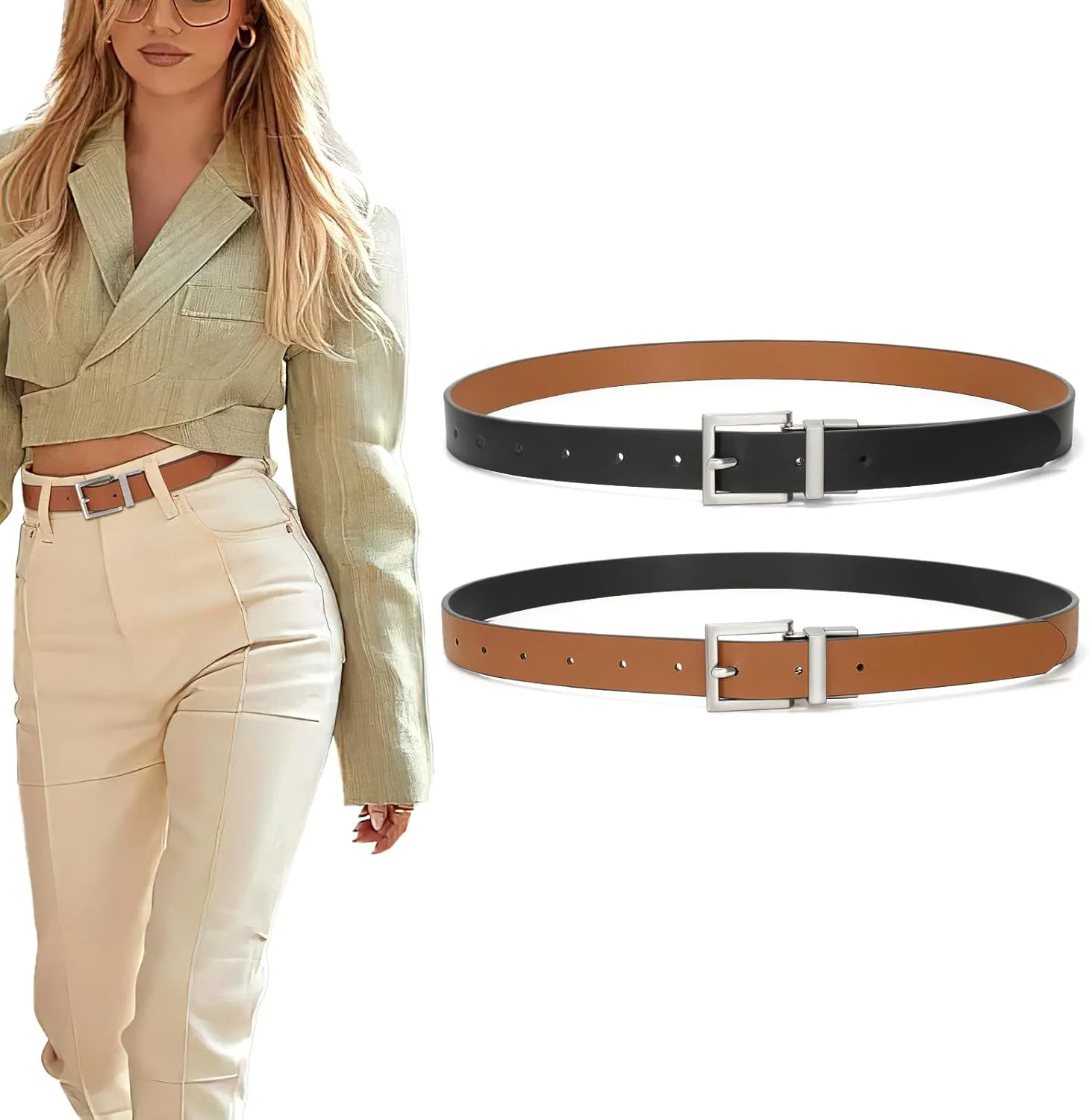 SUOSDEY Women Reversible Leather Belt with Rotating Pin Buckle for Jeans Pants Dresses, Fashion Ladies Waist Belt