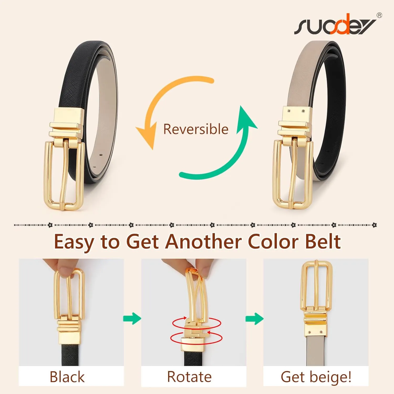 SUOSDEY Women Reversible Leather Belt with Rotating Pin Buckle for Jeans Pants Dresses, Fashion Ladies Waist Belt