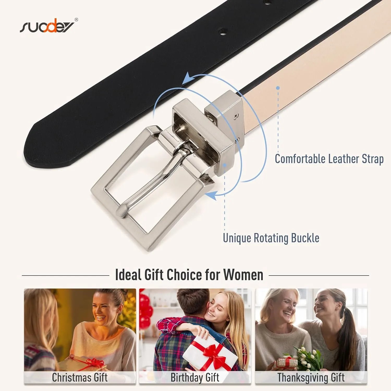 SUOSDEY Women Reversible Leather Belt with Rotating Pin Buckle for Jeans Pants Dresses, Fashion Ladies Waist Belt