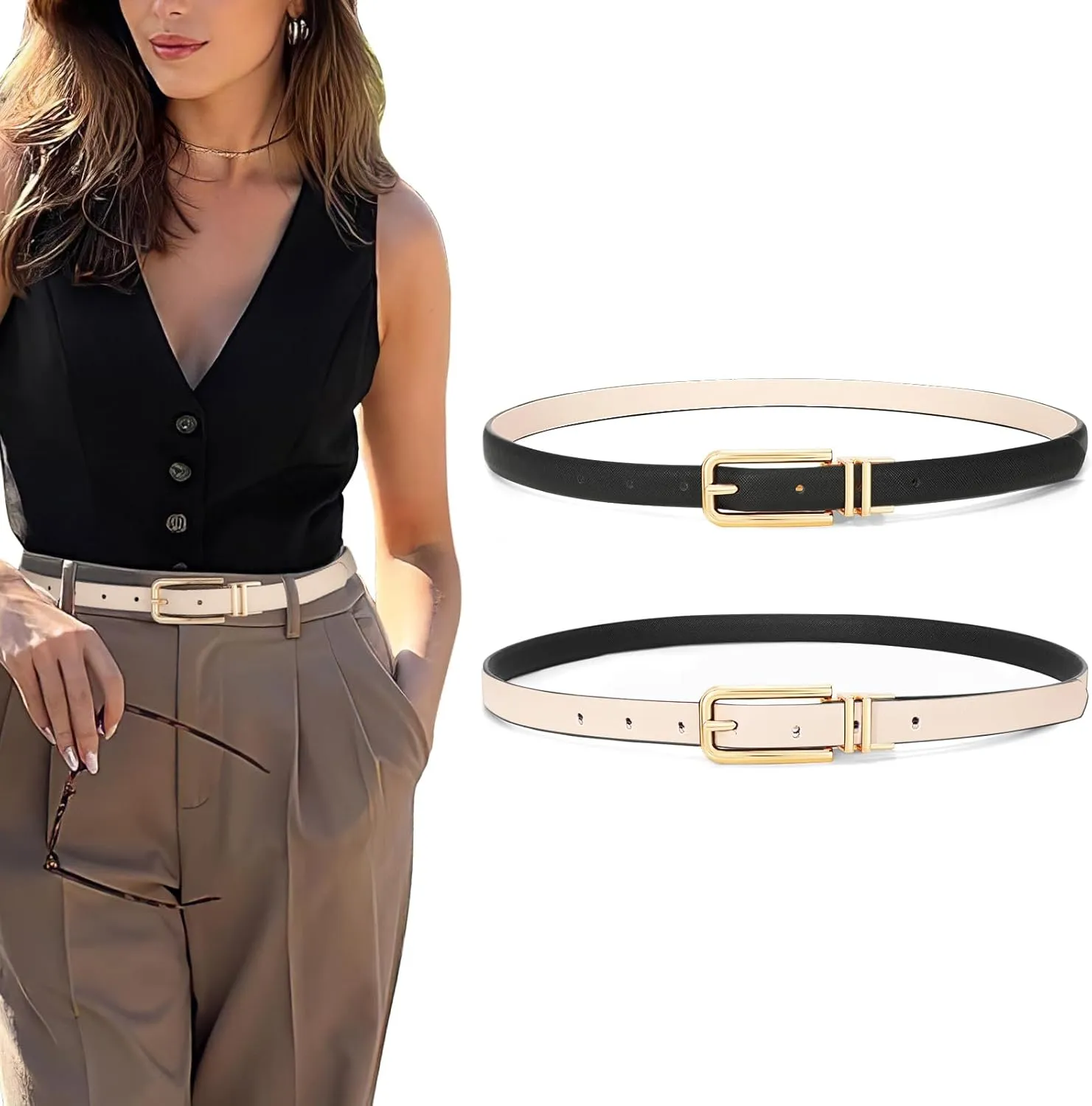 SUOSDEY Women Reversible Leather Belt with Rotating Pin Buckle for Jeans Pants Dresses, Fashion Ladies Waist Belt