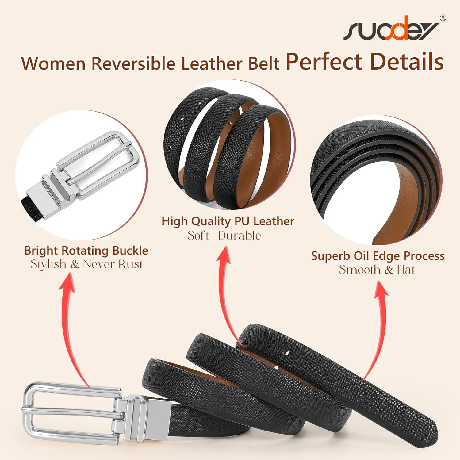 SUOSDEY Women Reversible Leather Belt with Rotating Pin Buckle for Jeans Pants Dresses, Fashion Ladies Waist Belt