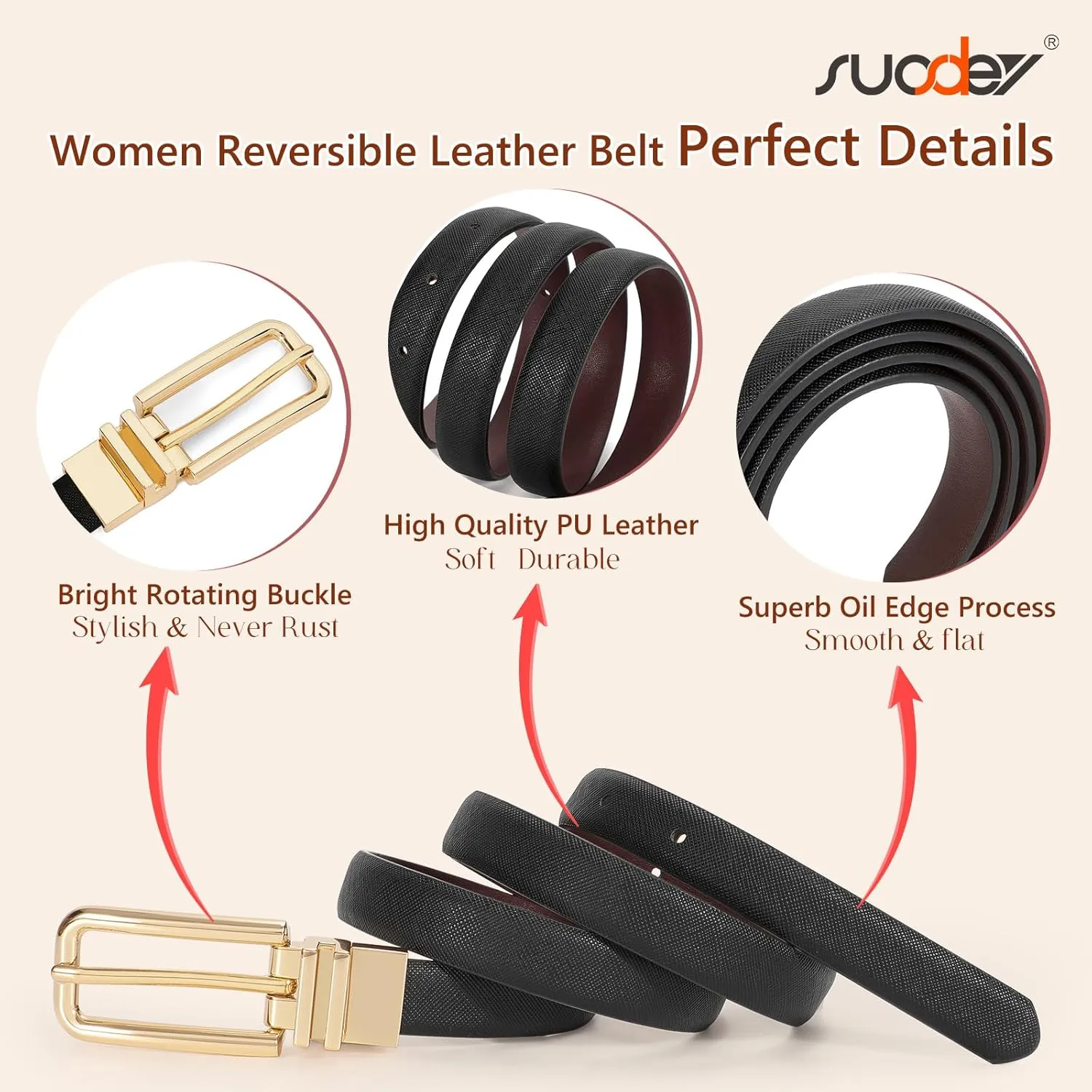 SUOSDEY Women Reversible Leather Belt with Rotating Pin Buckle for Jeans Pants Dresses, Fashion Ladies Waist Belt