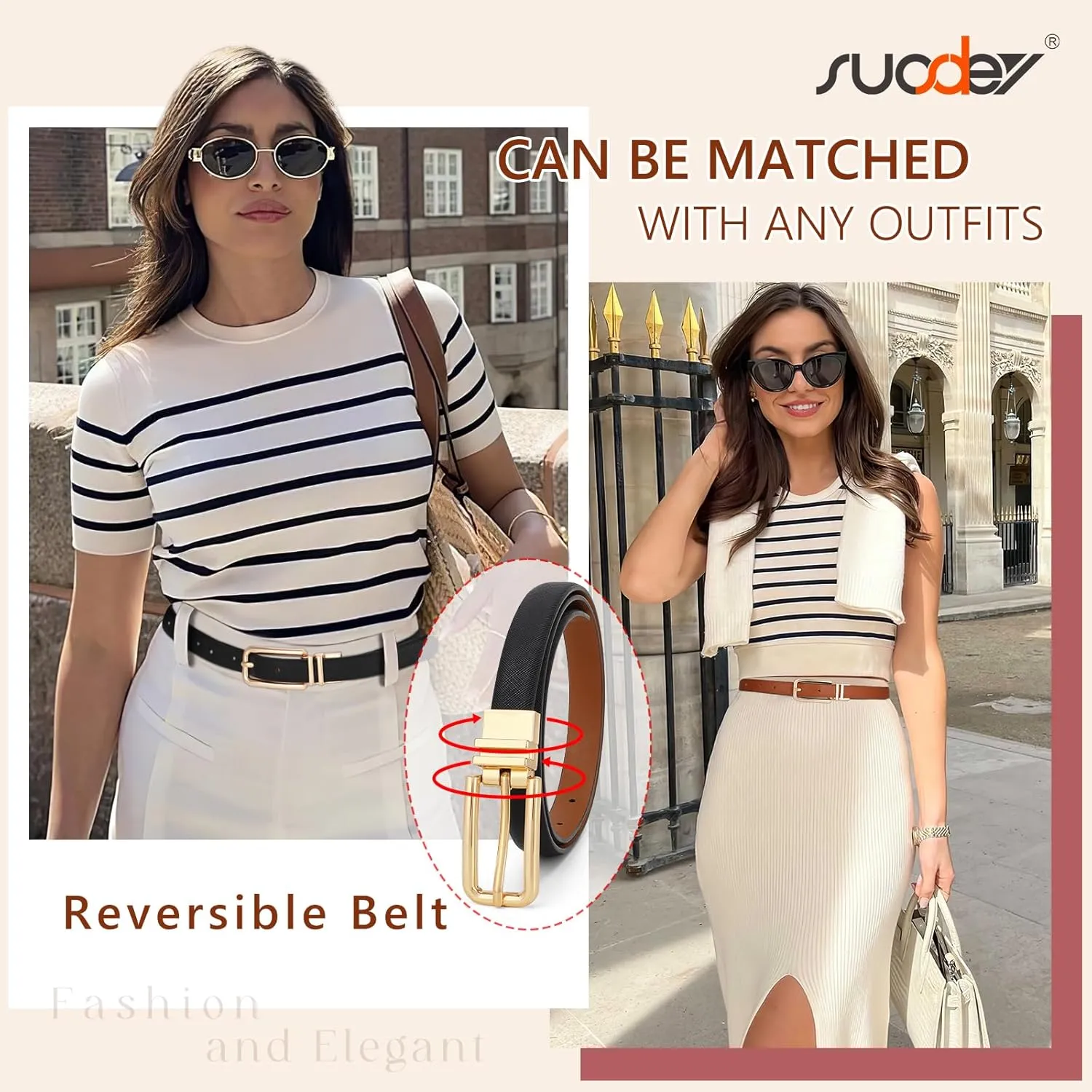 SUOSDEY Women Reversible Leather Belt with Rotating Pin Buckle for Jeans Pants Dresses, Fashion Ladies Waist Belt