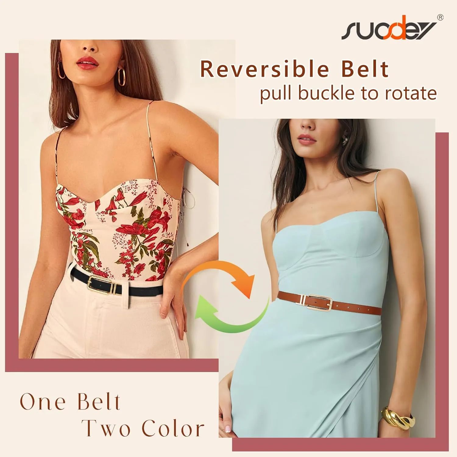 SUOSDEY Women Reversible Leather Belt with Rotating Pin Buckle for Jeans Pants Dresses, Fashion Ladies Waist Belt