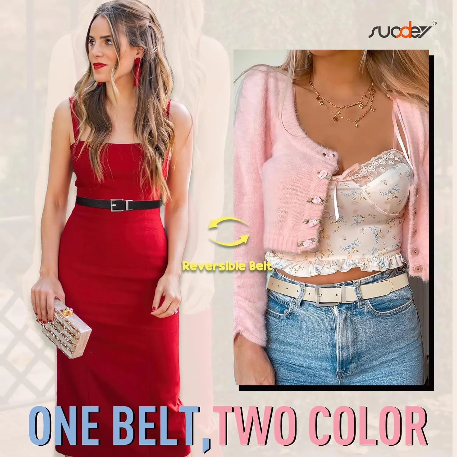 SUOSDEY Women Reversible Leather Belt with Rotating Pin Buckle for Jeans Pants Dresses, Fashion Ladies Waist Belt