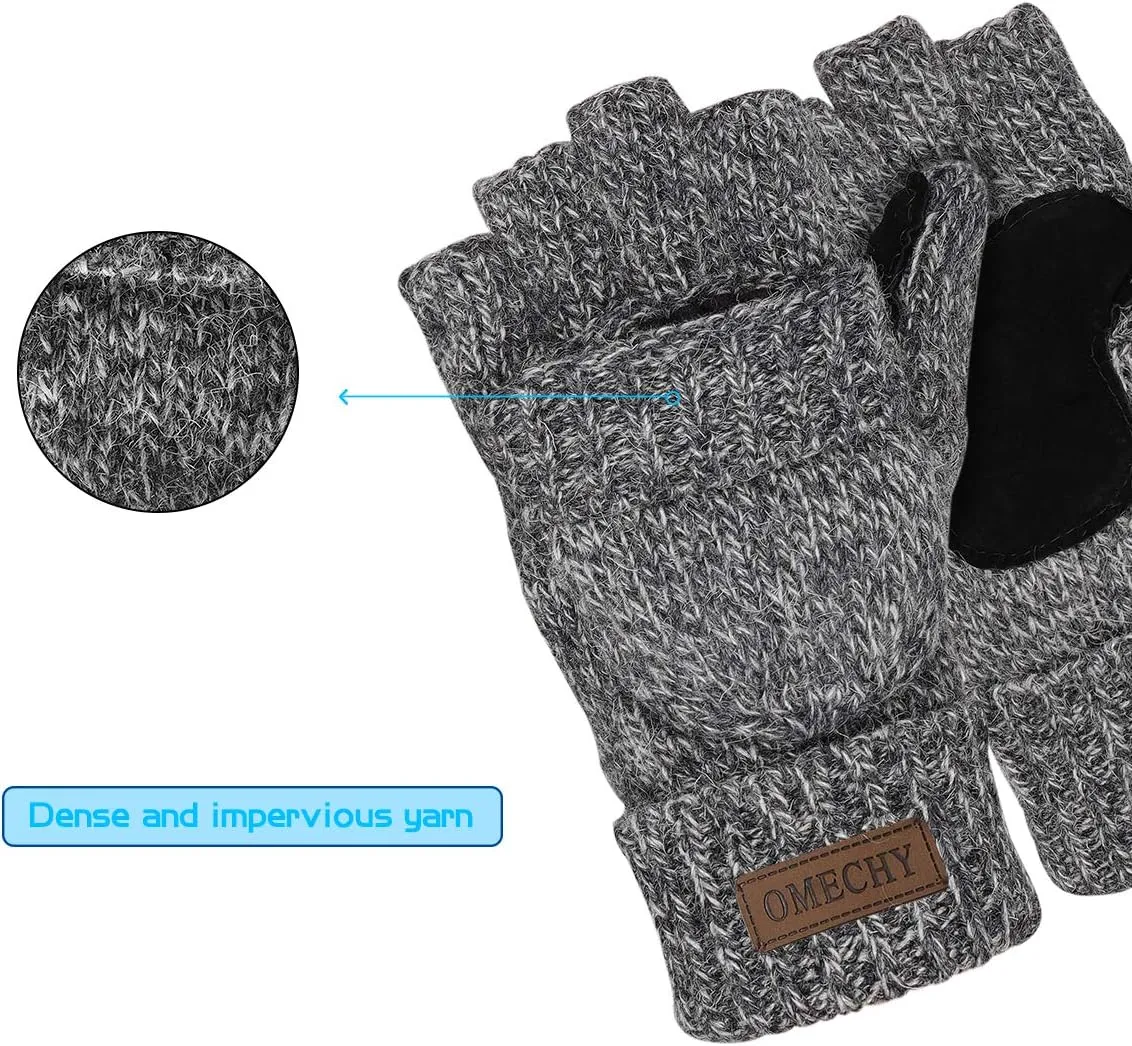 Winter Knitted Fingerless Wool Gloves Thermal Insulation Warm Convertible Mittens Flap Cover for Men Women