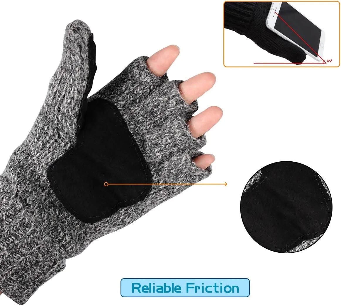 Winter Knitted Fingerless Wool Gloves Thermal Insulation Warm Convertible Mittens Flap Cover for Men Women