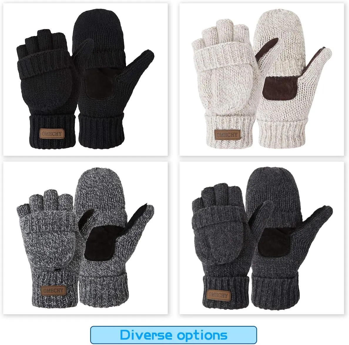 Winter Knitted Fingerless Wool Gloves Thermal Insulation Warm Convertible Mittens Flap Cover for Men Women