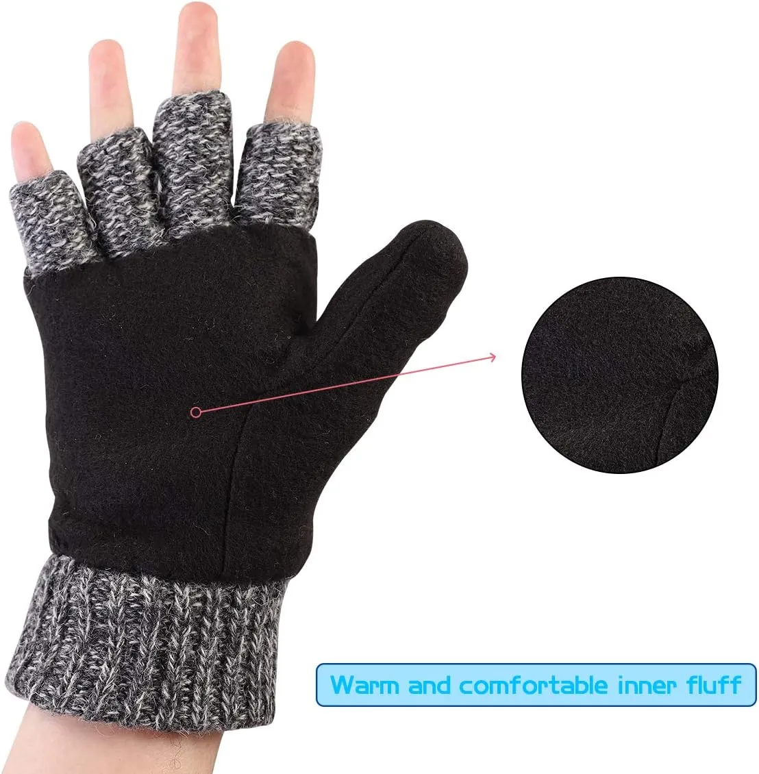 Winter Knitted Fingerless Wool Gloves Thermal Insulation Warm Convertible Mittens Flap Cover for Men Women