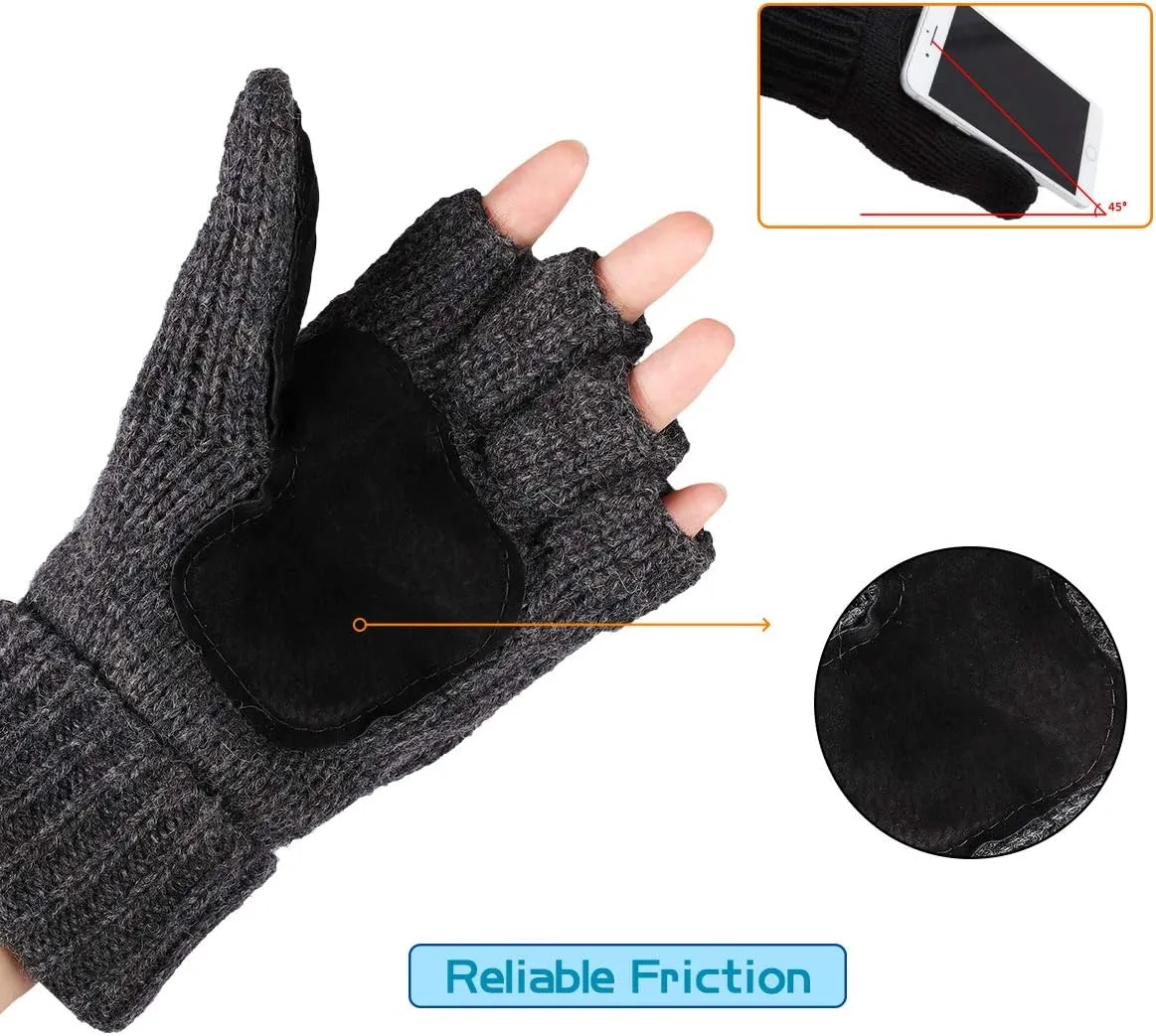 Winter Knitted Fingerless Wool Gloves Thermal Insulation Warm Convertible Mittens Flap Cover for Men Women