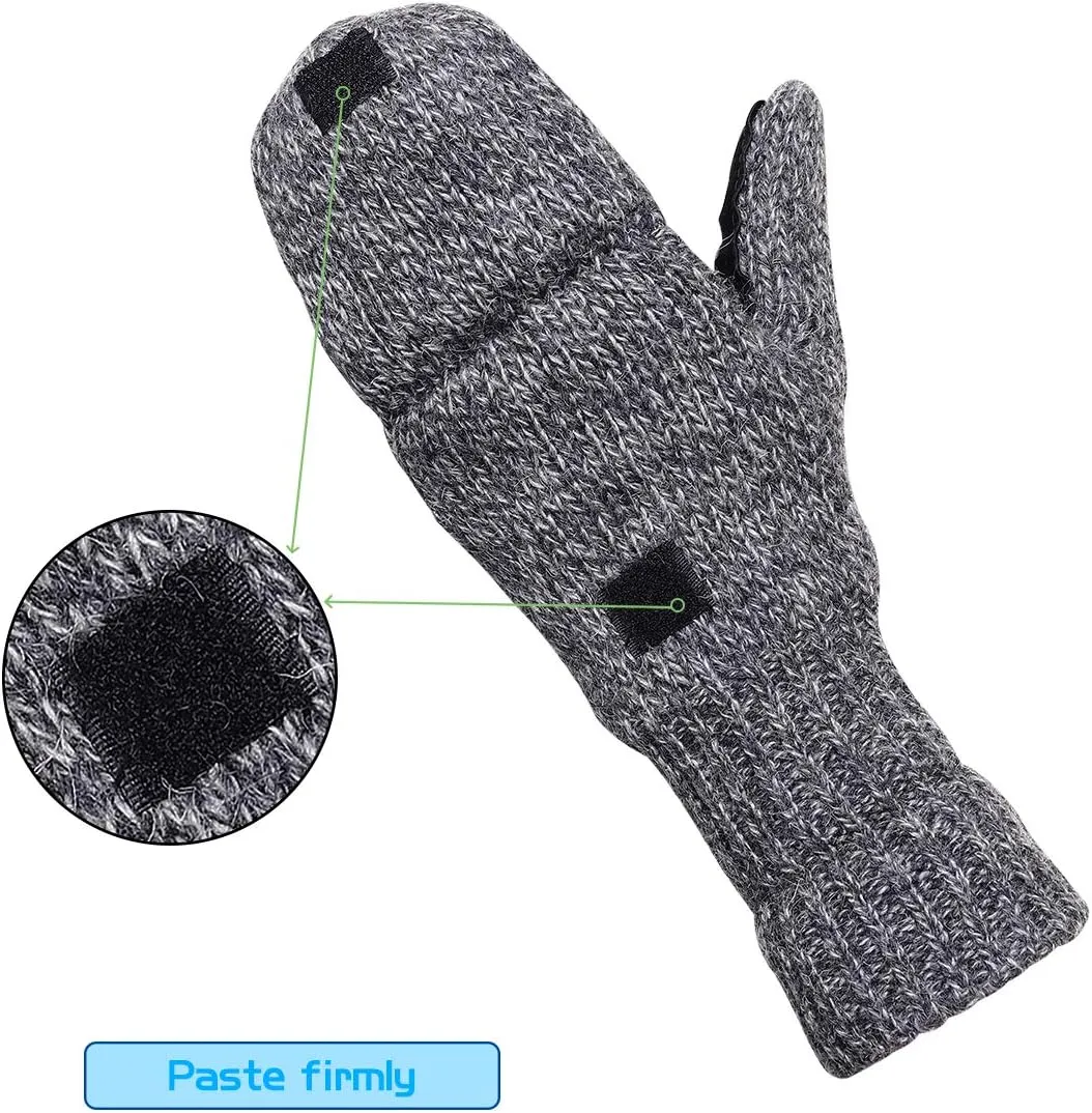 Winter Knitted Fingerless Wool Gloves Thermal Insulation Warm Convertible Mittens Flap Cover for Men Women