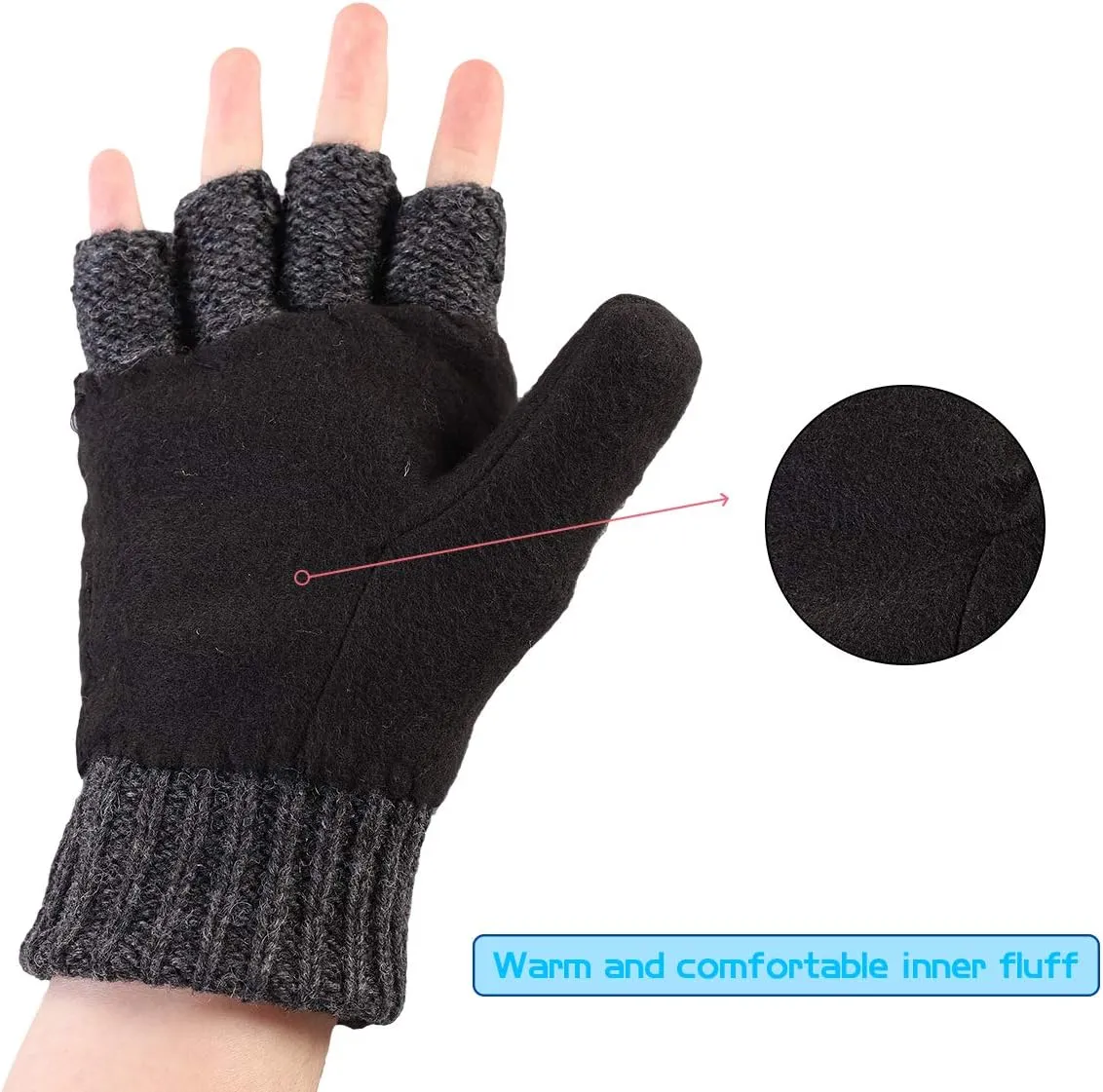 Winter Knitted Fingerless Wool Gloves Thermal Insulation Warm Convertible Mittens Flap Cover for Men Women