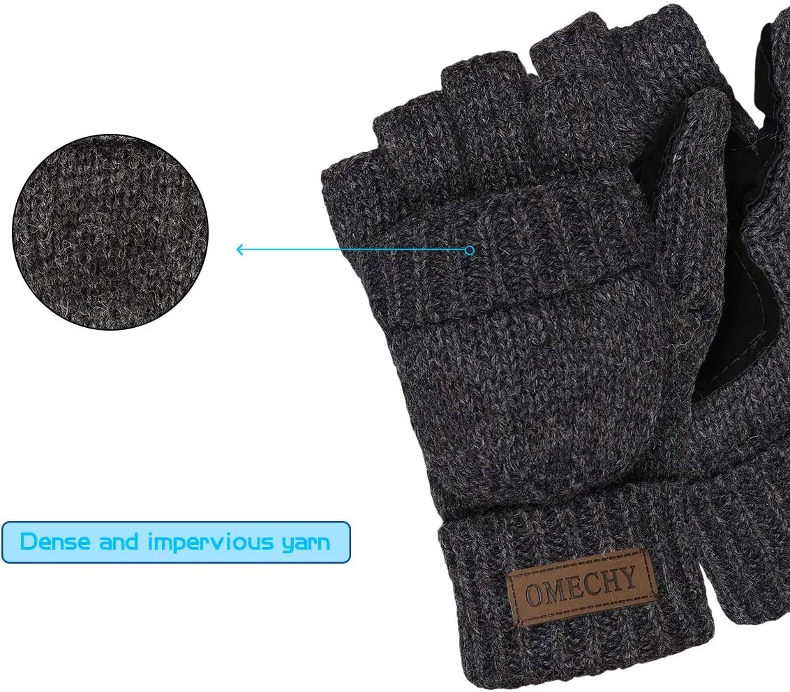Winter Knitted Fingerless Wool Gloves Thermal Insulation Warm Convertible Mittens Flap Cover for Men Women