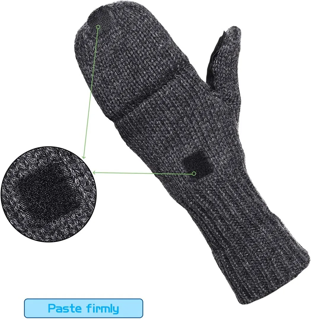Winter Knitted Fingerless Wool Gloves Thermal Insulation Warm Convertible Mittens Flap Cover for Men Women
