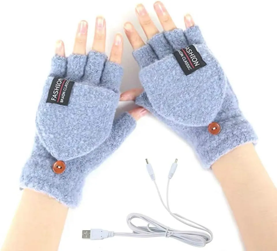 Women & Men USB Heated Gloves Knitting Hands Full & Half Heated Fingerless Warmer Winter Hands Warm Gloves [2 Pack]