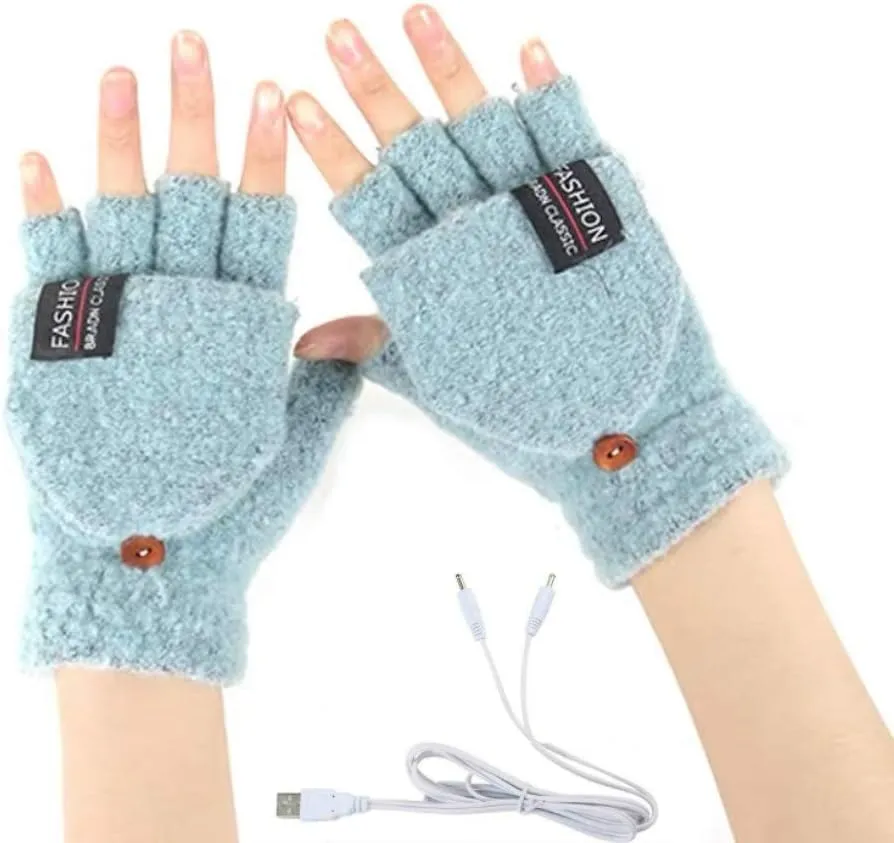 Women & Men USB Heated Gloves Knitting Hands Full & Half Heated Fingerless Warmer Winter Hands Warm Gloves [2 Pack]