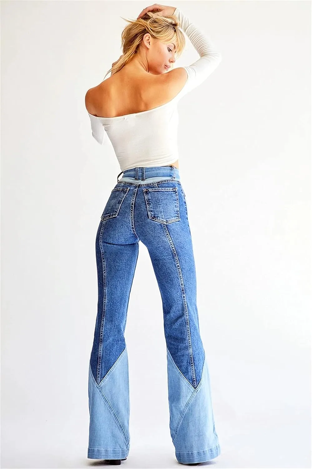 Women Color Block Flare Jeans Skinny Patchwork Bell Bottom Jean High Waist Multi-Tone Flared Denim Pants with Belts (Large,Dark Blue)