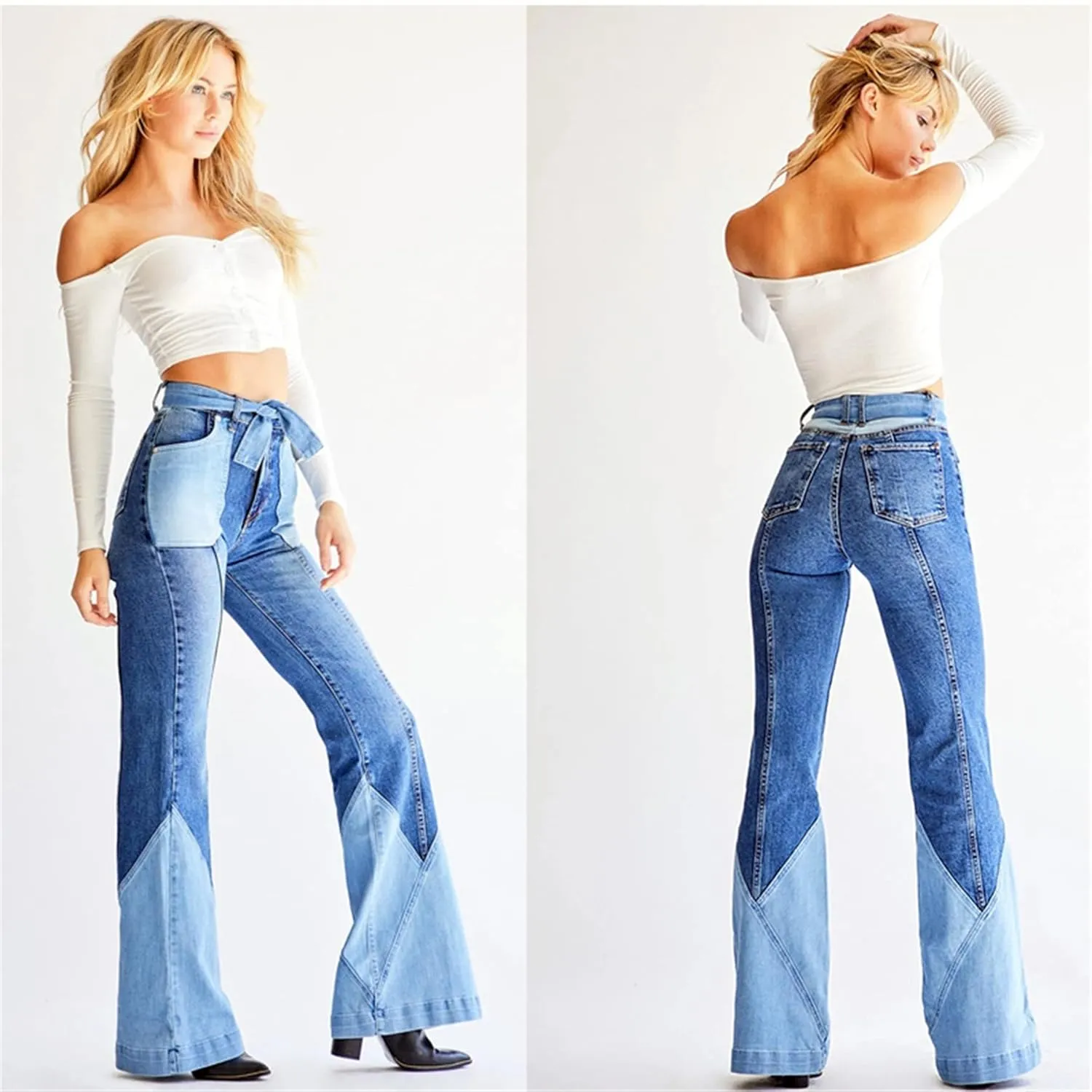 Women Color Block Flare Jeans Skinny Patchwork Bell Bottom Jean High Waist Multi-Tone Flared Denim Pants with Belts (Large,Dark Blue)