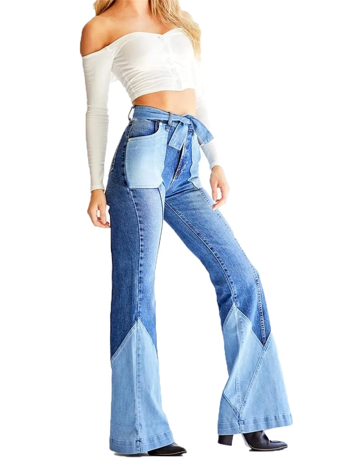 Women Color Block Flare Jeans Skinny Patchwork Bell Bottom Jean High Waist Multi-Tone Flared Denim Pants with Belts (Large,Dark Blue)