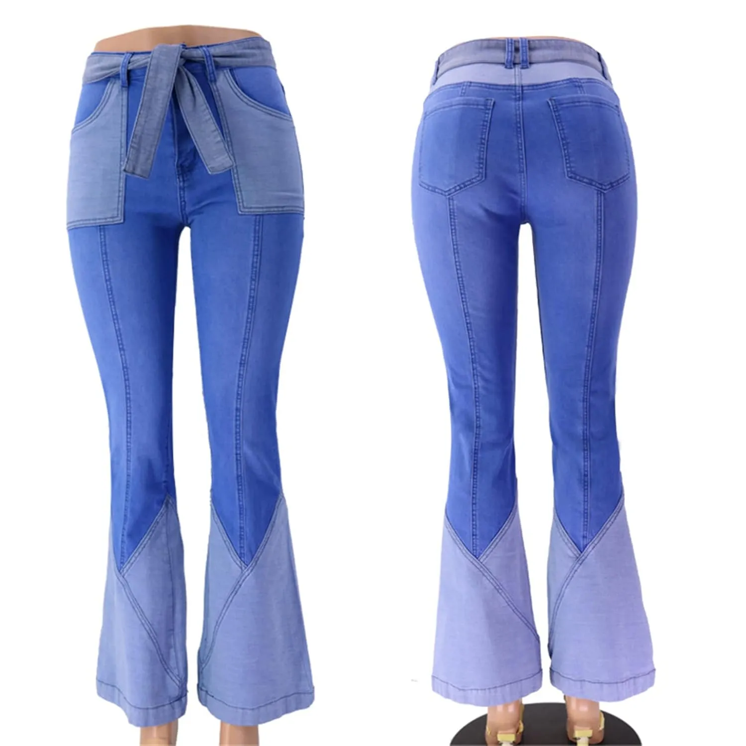 Women Color Block Flare Jeans Skinny Patchwork Bell Bottom Jean High Waist Multi-Tone Flared Denim Pants with Belts (Large,Dark Blue)