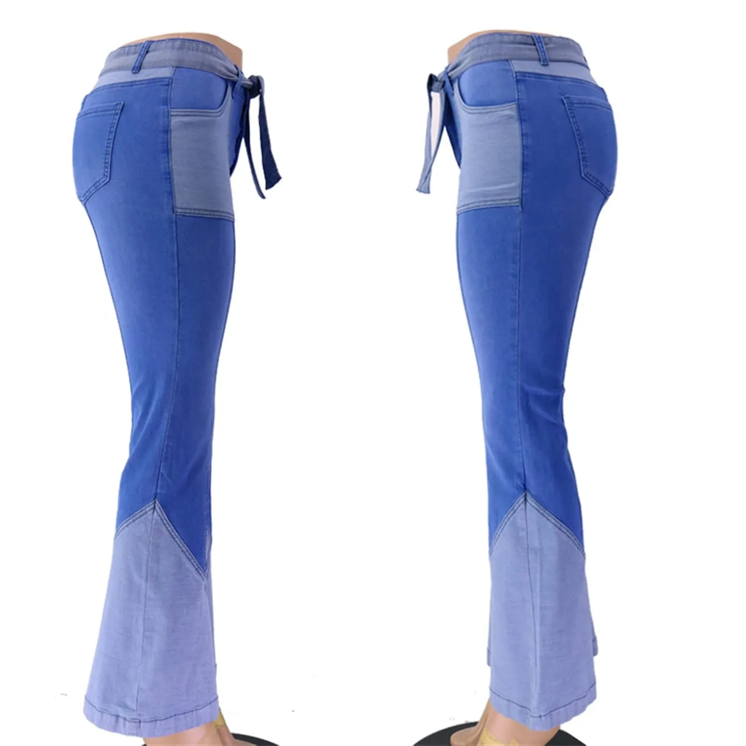Women Color Block Flare Jeans Skinny Patchwork Bell Bottom Jean High Waist Multi-Tone Flared Denim Pants with Belts (Large,Dark Blue)