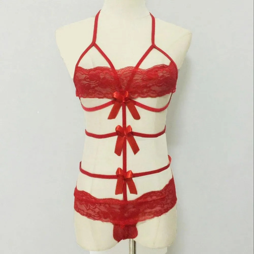 Womens Christmas Lingerie Set Santa Lingerie Floral Mesh Push Up Lace Bralette Naughty Role Play Pajamas