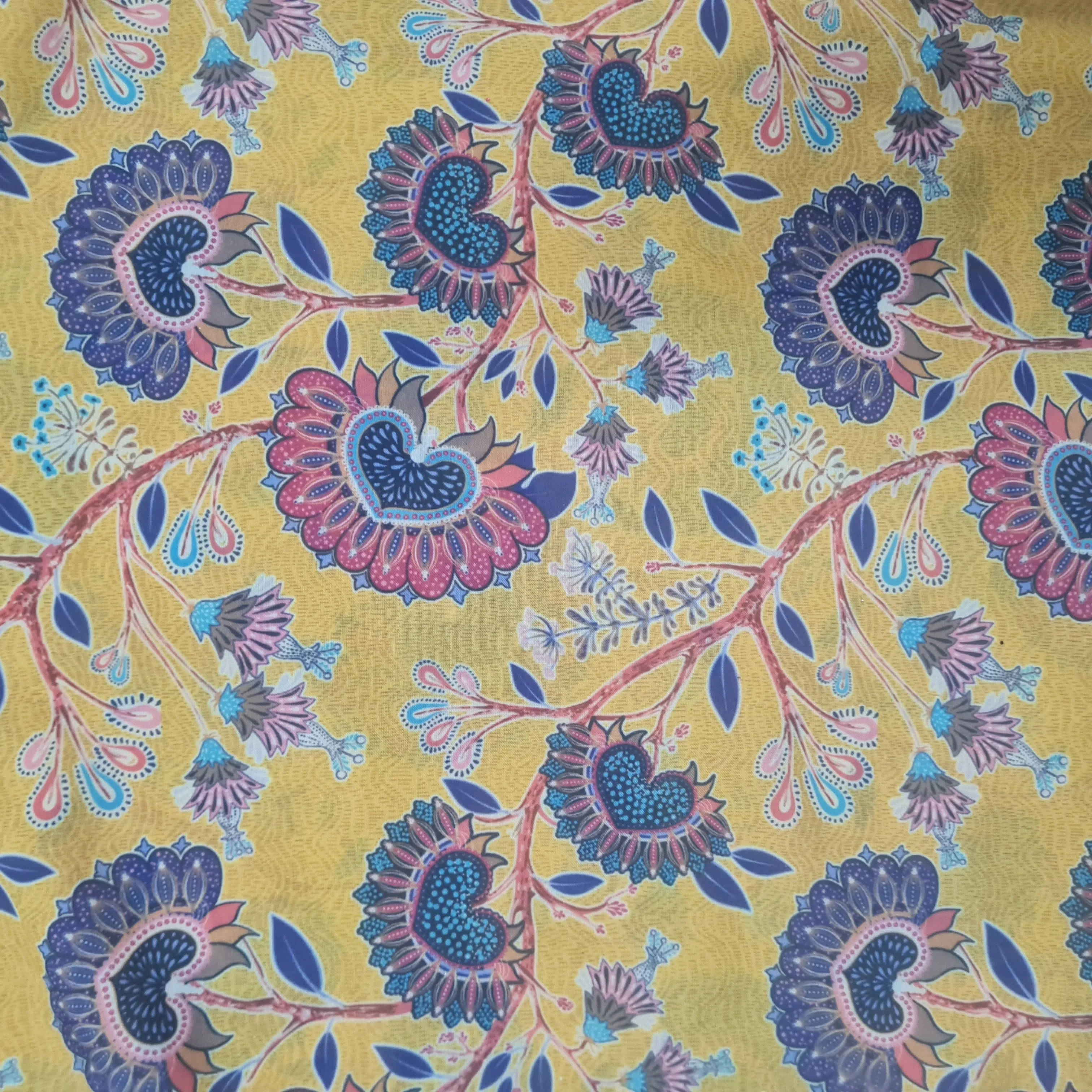 Yellow With Multicolor Floral Print Muslin Fabric